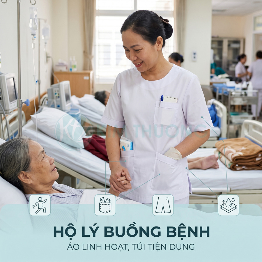 Đồng phục hộ lý buồng bệnh màu trắng với túi tiện dụng cho nhân viên y tế trong bệnh viện